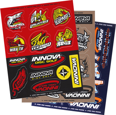 Innova DISC GOLF STICKER SHEETS *Pick One* (2017, 2018, 2019) - shows three sheets of stickers spread out and overlapping with a half-red, half-black  sheet on top and fully visible