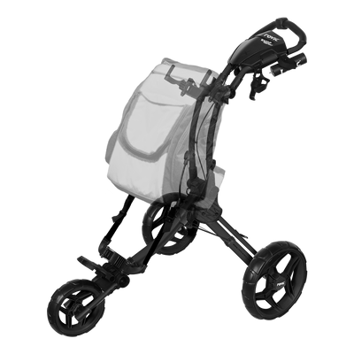 ROVIC RV1D Disc Golf Cart from ProActive Sports - shows cart in expanded, usable configuration with diagram of a backpack disc golf bag hung on the frame.